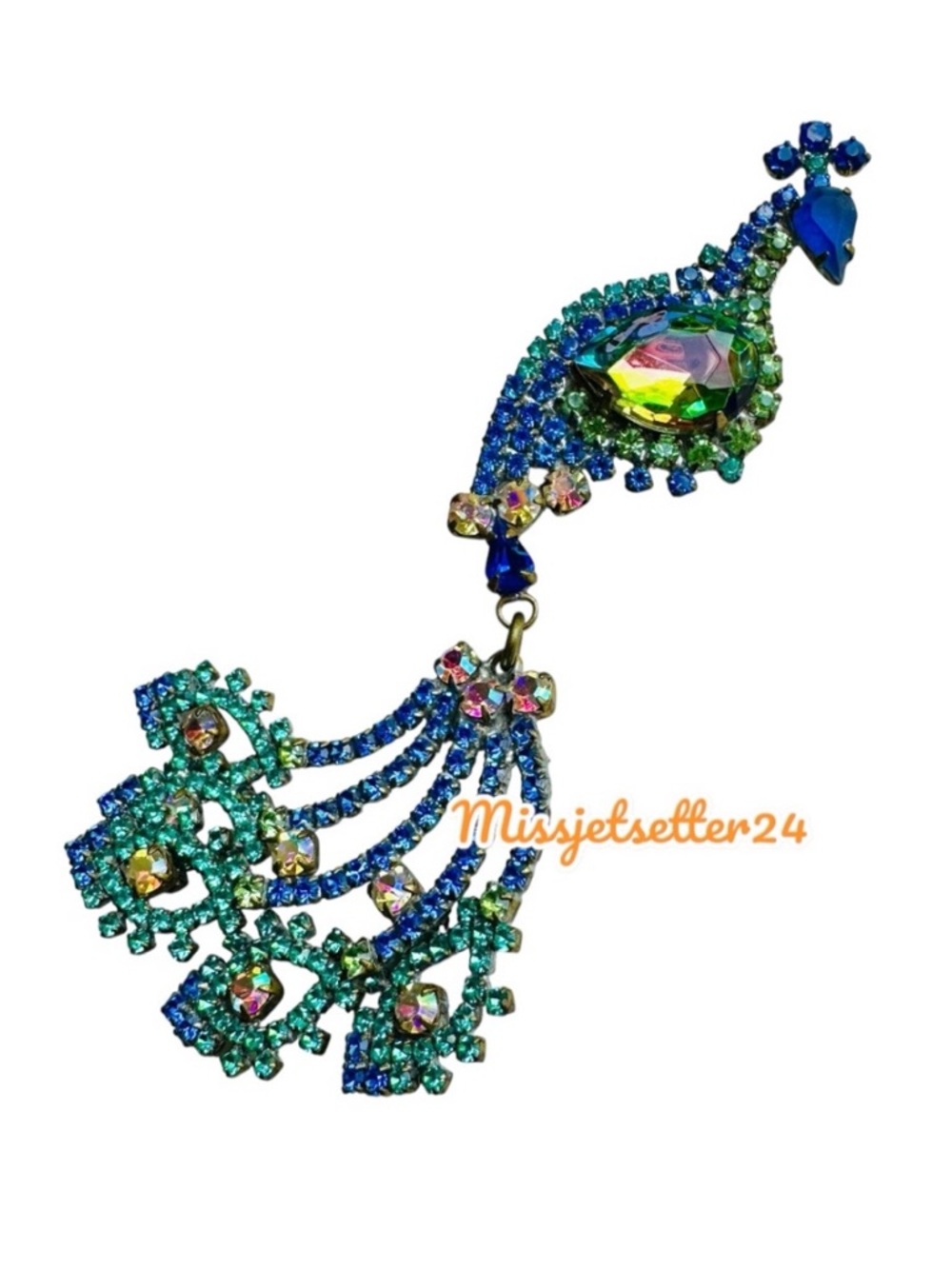 Lilien Czech Handmade Peacock Rhinestone Czech Brooch Blue Multi Colored EUC